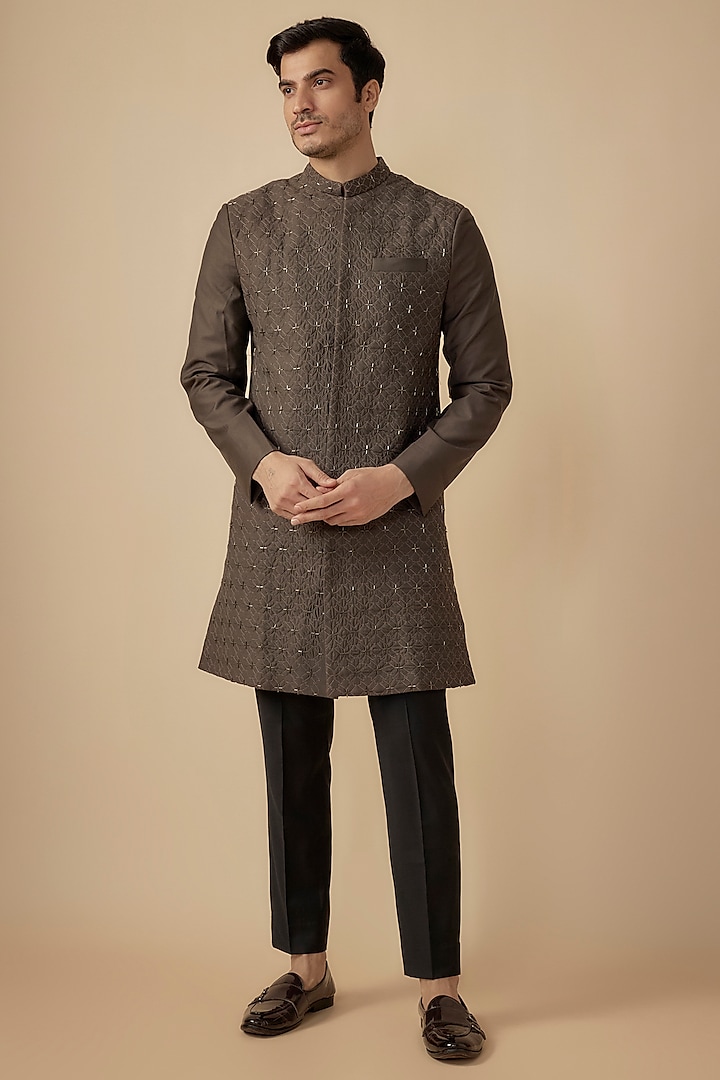 Brown Suiting Hand Embroidered Wedding Sherwani Set by Agape Men at Pernia's Pop Up Shop