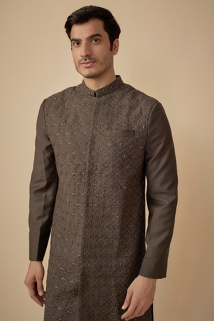 Brown Suiting Hand Embroidered Wedding Sherwani Set by Agape Men at Pernia's Pop Up Shop