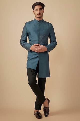 Prussian Blue Silk Hand Embroidered Sherwani Set by Agape Men