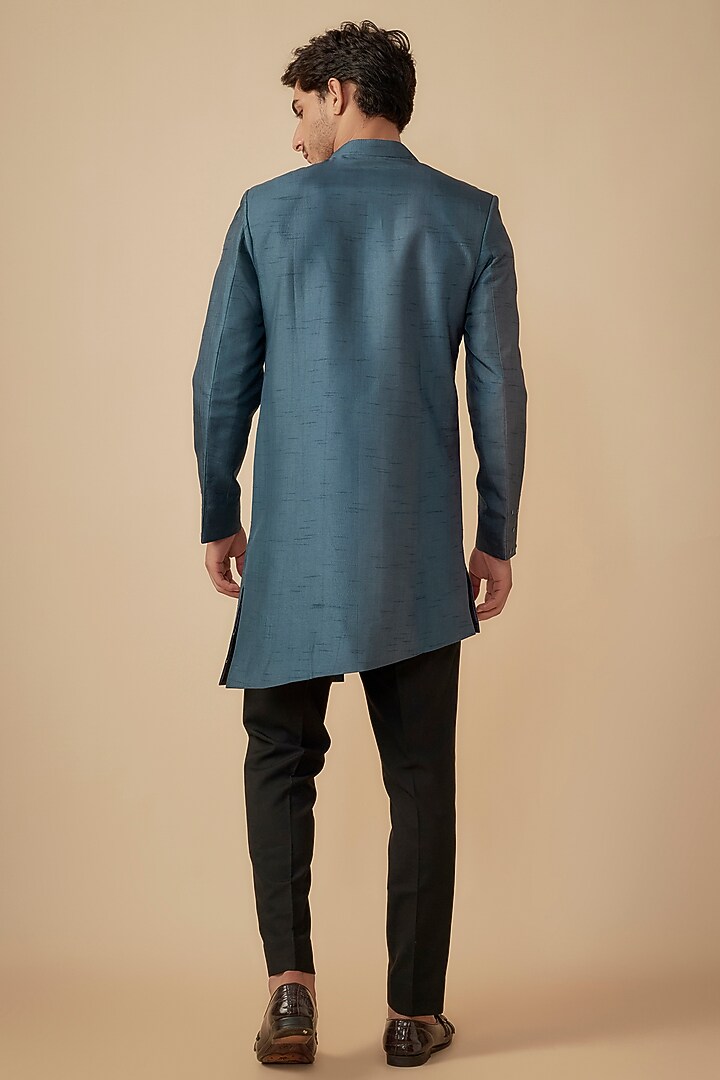 Prussian Blue Silk Hand Embroidered Wedding Sherwani Set by Agape Men at Pernia's Pop Up Shop