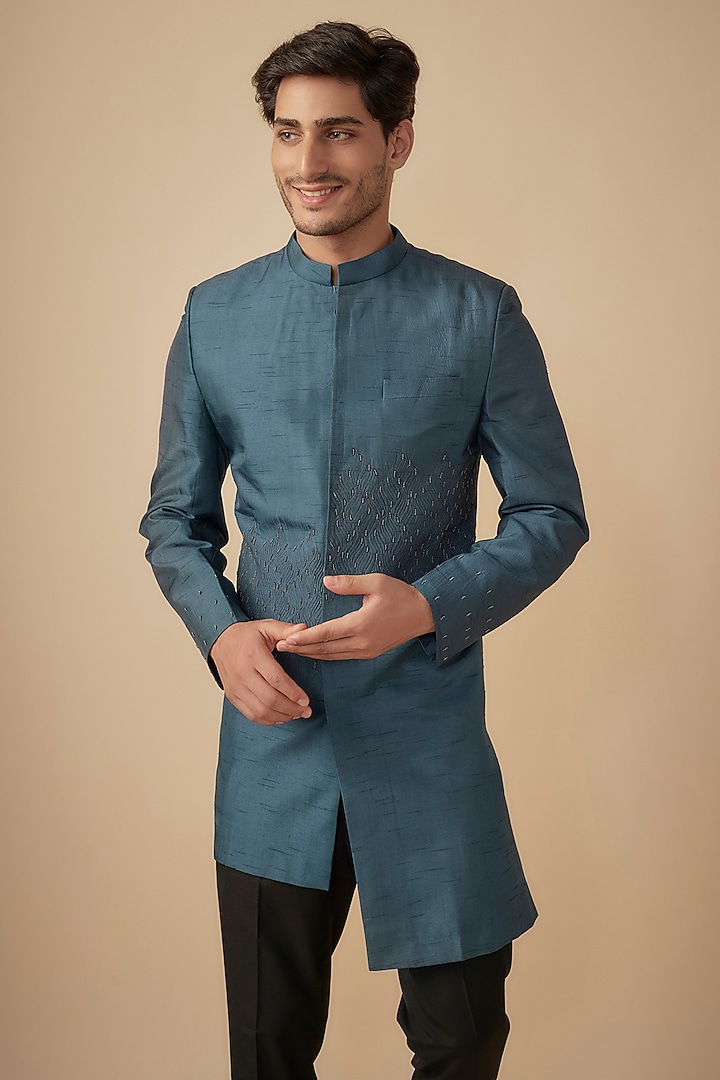 Prussian Blue Silk Hand Embroidered Wedding Sherwani Set by Agape Men at Pernia's Pop Up Shop