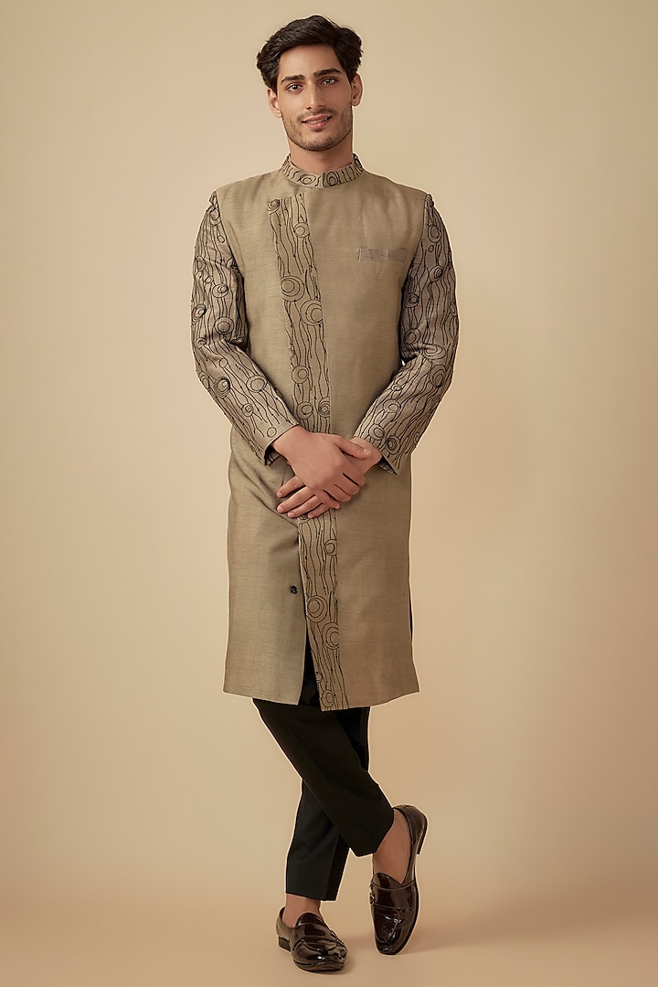 Light Brown Silk Embroidered Sherwani Set by Agape Men