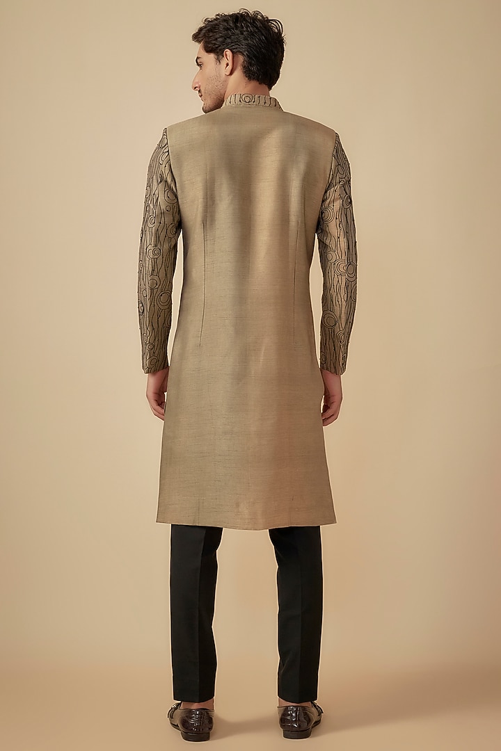 Light Brown Silk Embroidered Wedding Sherwani Set by Agape Men at Pernia's Pop Up Shop