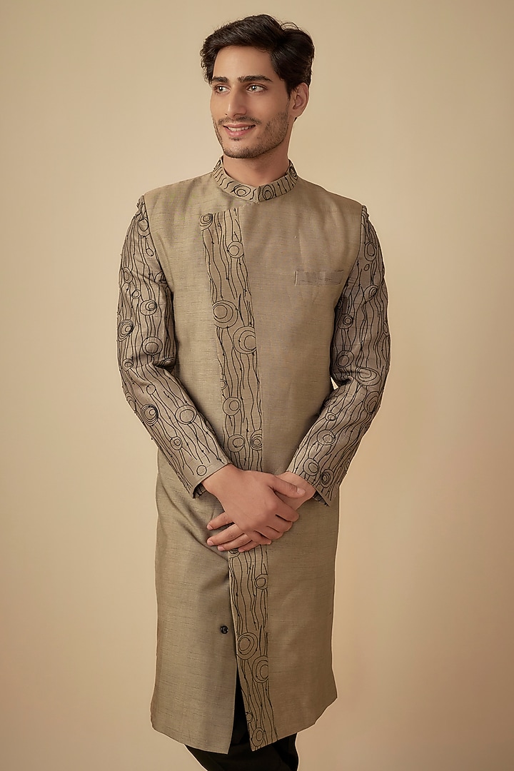Light Brown Silk Embroidered Wedding Sherwani Set by Agape Men at Pernia's Pop Up Shop