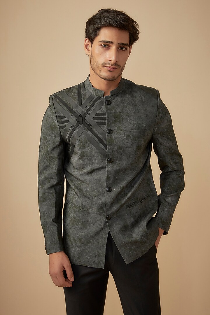 Greyish Suiting Geometric Motifs Wedding Bandhgala Set by Agape Men at Pernia's Pop Up Shop