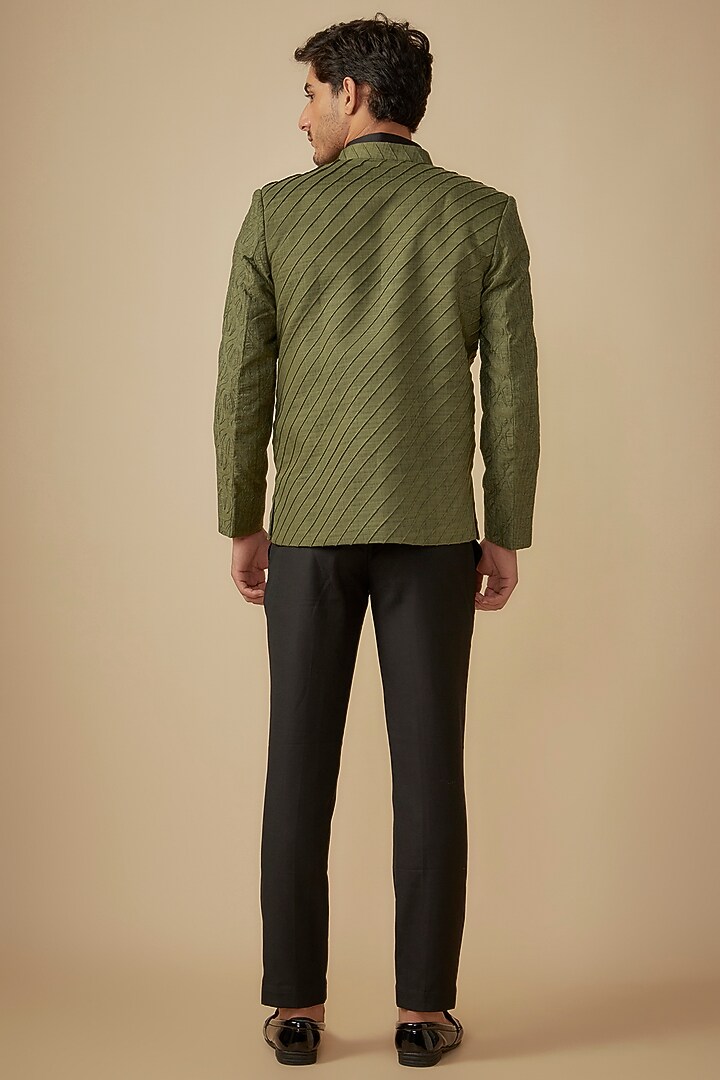 Olive Green Cotton Linen Embroidered Open Jacket Set by Agape Men at Pernia's Pop Up Shop