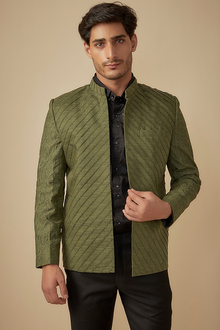 Olive Green Cotton Linen Embroidered Open Jacket Set by Agape Men at Pernia's Pop Up Shop