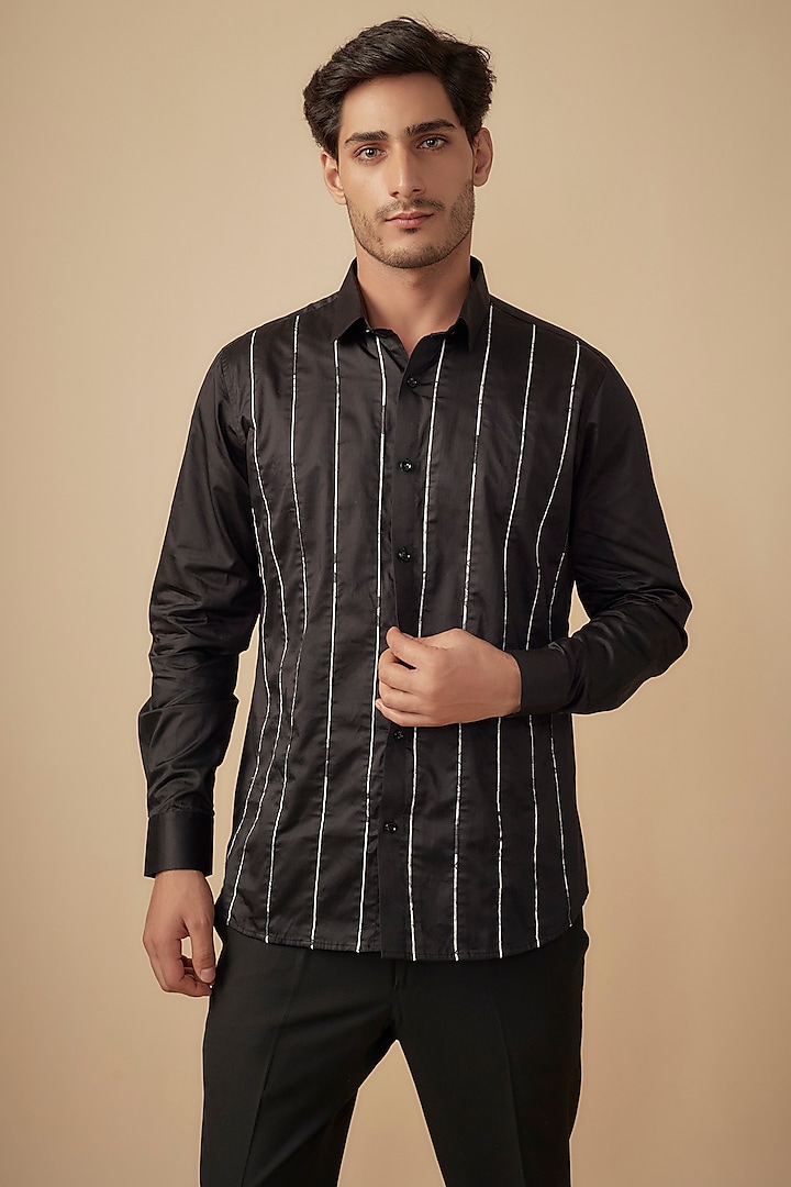 Black Cotton Satin Shirt by Agape Men