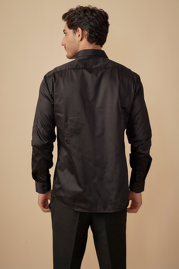Black Cotton Satin Party Wear Shirt by Agape Men at Pernia's Pop Up Shop