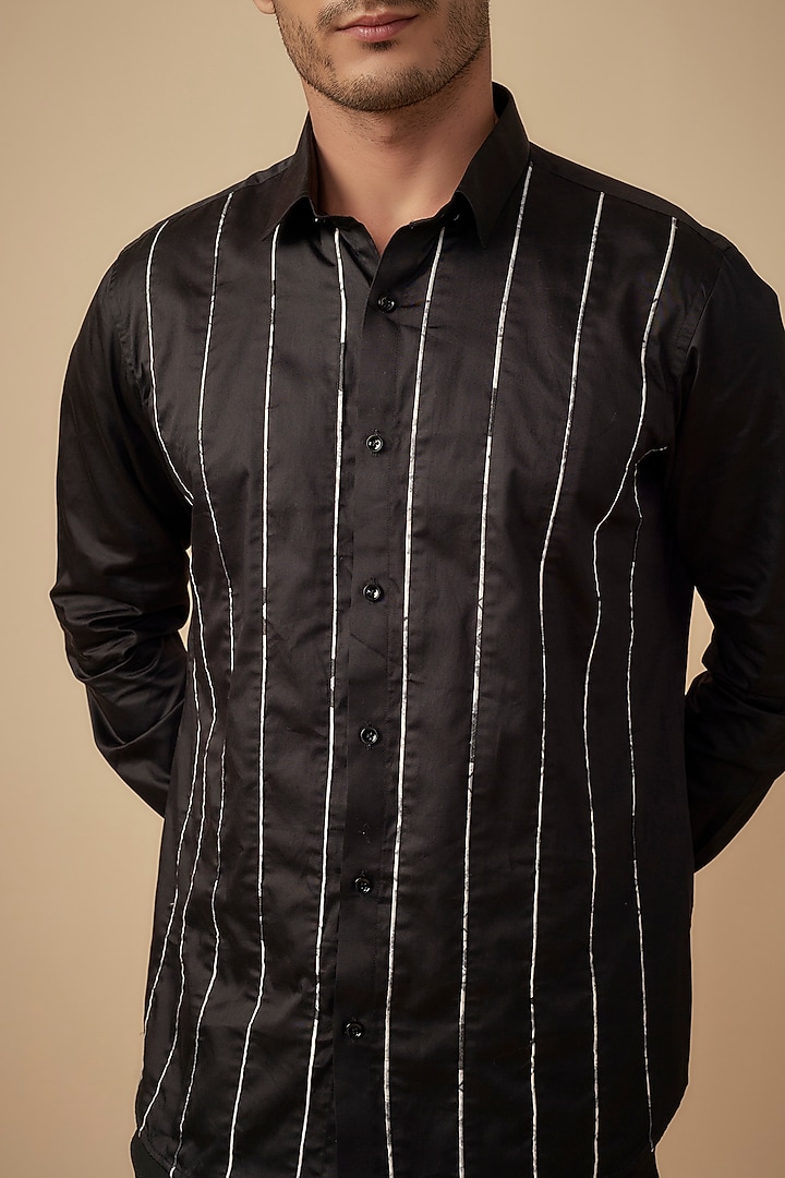 Black Cotton Satin Party Wear Shirt by Agape Men at Pernia's Pop Up Shop