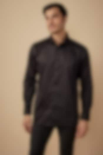 Black Cotton Satin Hand Embroidered Shirt by Agape Men