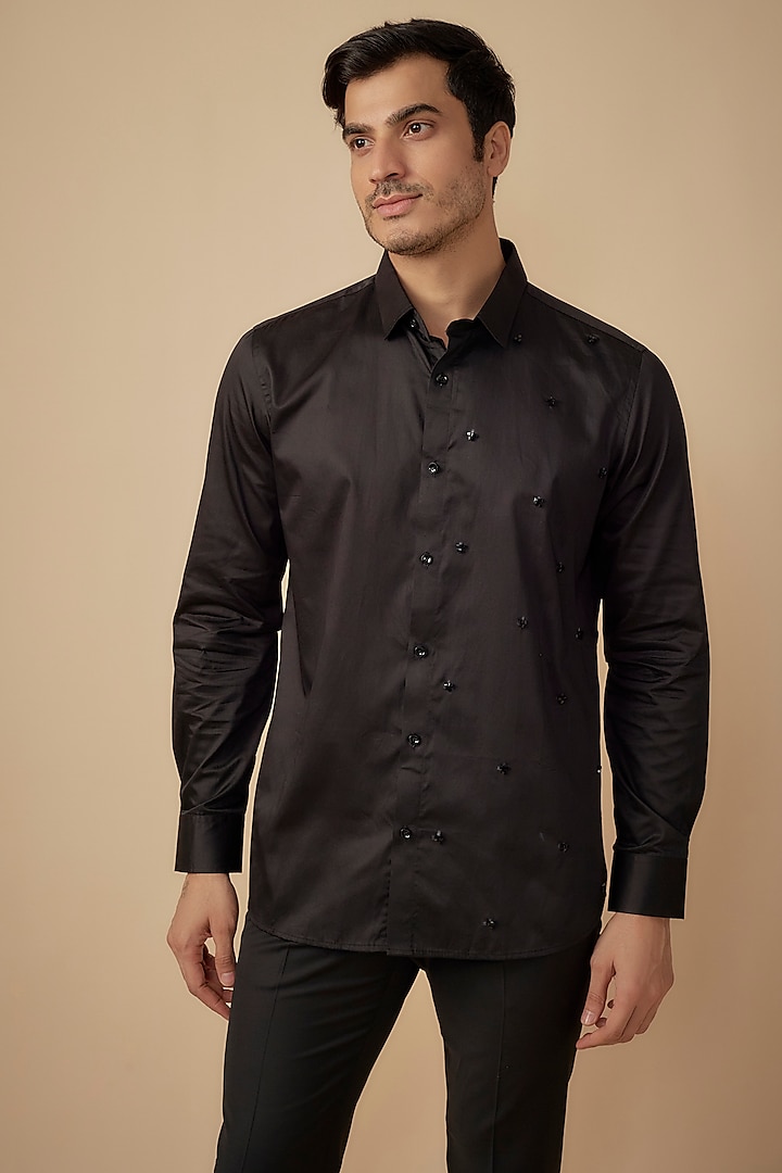 Black Cotton Satin Hand Embroidered Shirt by Agape Men