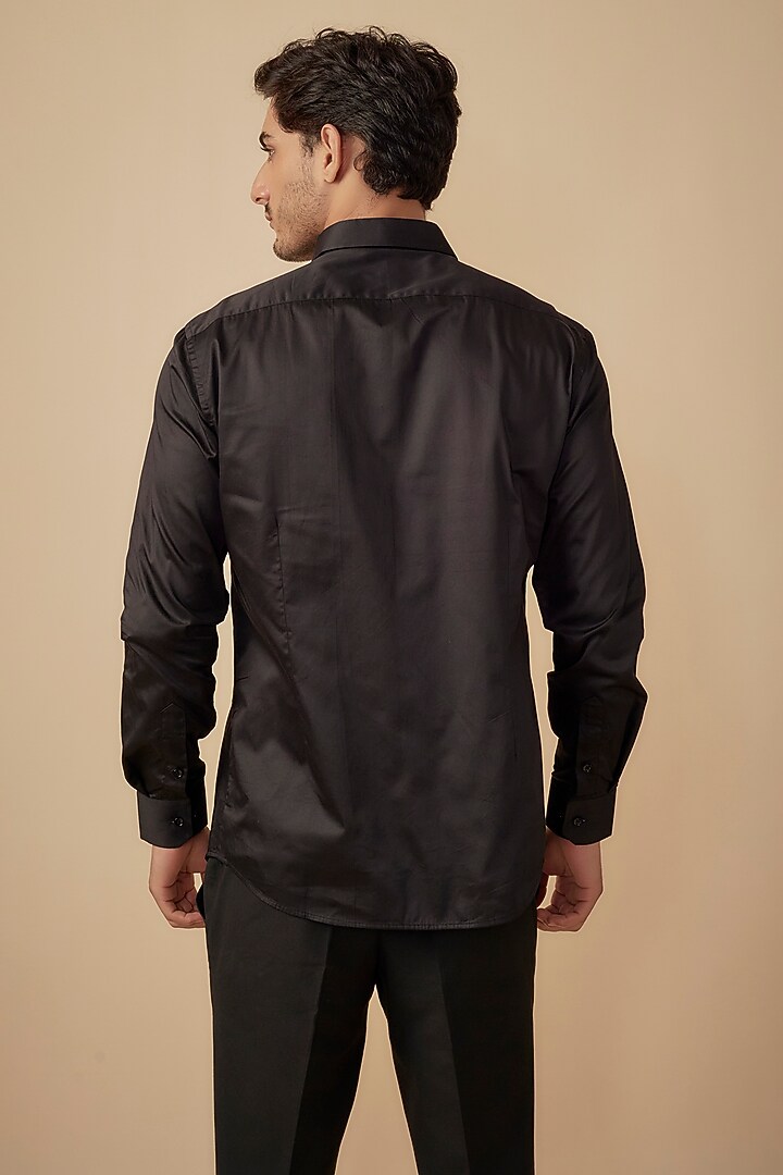 Black Cotton Satin Hand Embroidered Party Wear Shirt by Agape Men at Pernia's Pop Up Shop