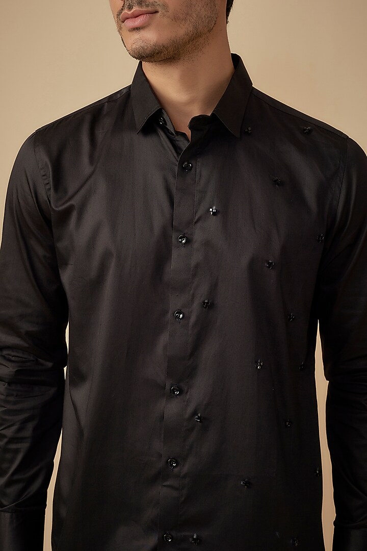 Black Cotton Satin Hand Embroidered Party Wear Shirt by Agape Men at Pernia's Pop Up Shop