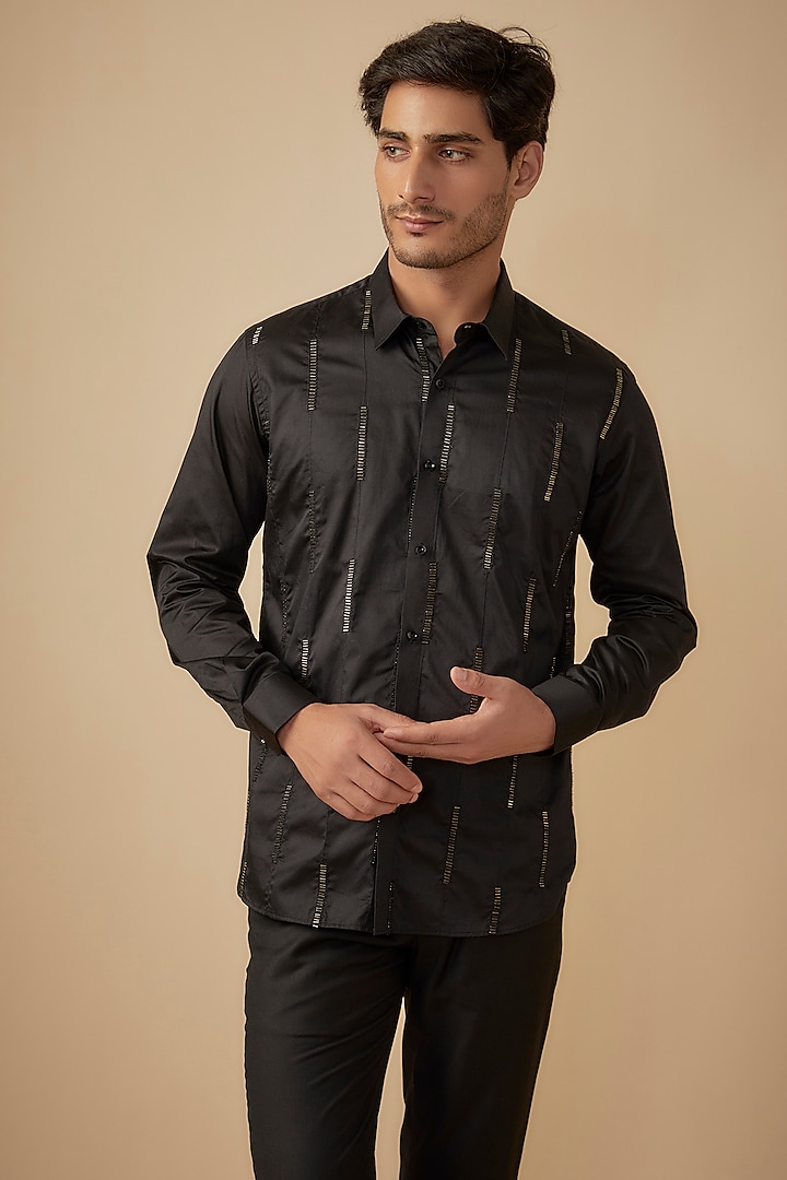 Black Cotton Satin Hand Embroidered Shirt by Agape Men