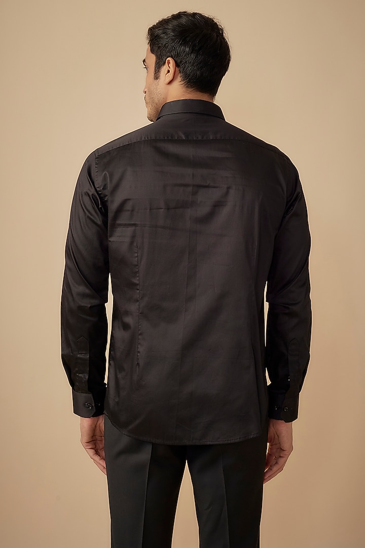 Black Cotton Satin Hand Embroidered Party Wear Shirt by Agape Men at Pernia's Pop Up Shop
