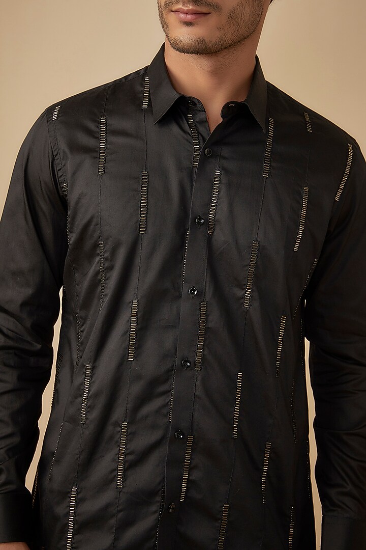 Black Cotton Satin Hand Embroidered Party Wear Shirt by Agape Men at Pernia's Pop Up Shop
