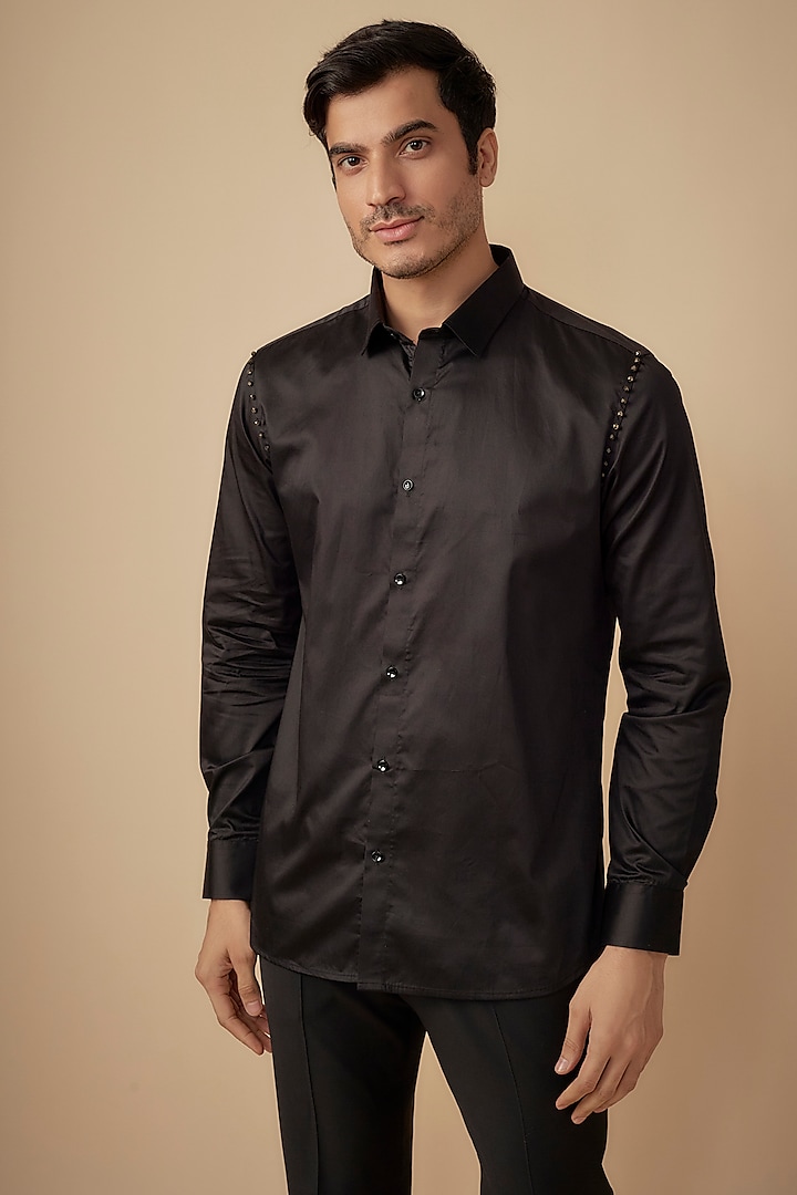 Black Cotton Satin Hand Embroidered Shirt by Agape Men