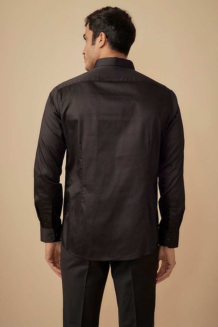 Black Cotton Satin Hand Embroidered Party Wear Shirt by Agape Men at Pernia's Pop Up Shop