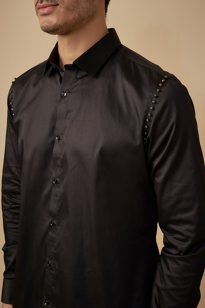 Black Cotton Satin Hand Embroidered Party Wear Shirt by Agape Men at Pernia's Pop Up Shop
