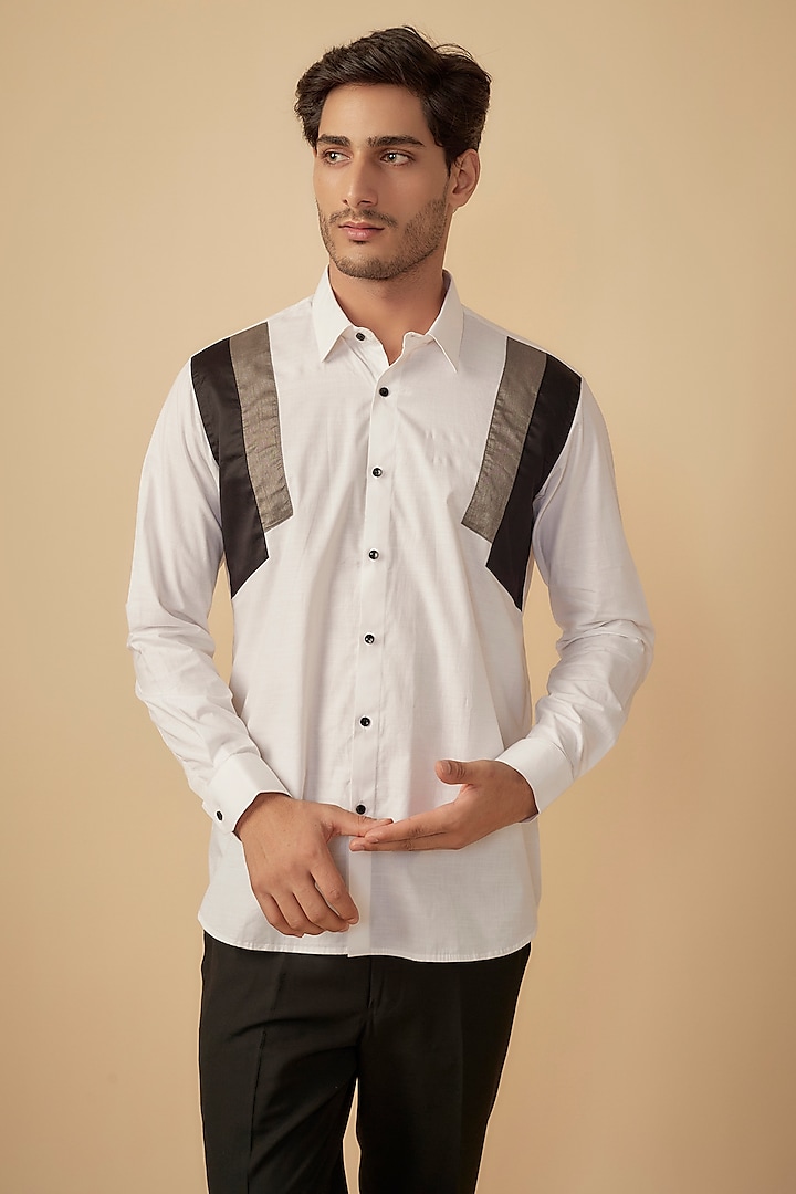 White & Black Cotton Patch Work Shirt by Agape Men