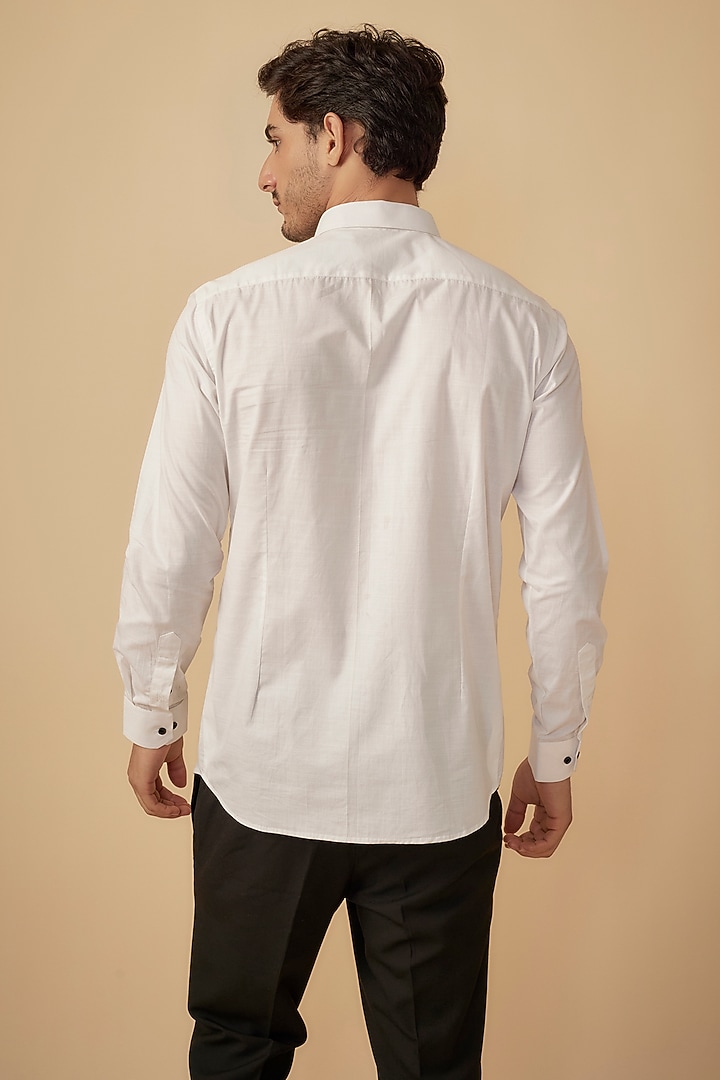 White & Black Cotton Patch Work Party Wear Shirt by Agape Men at Pernia's Pop Up Shop