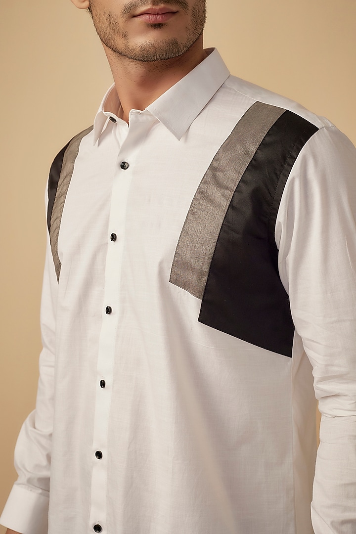 White & Black Cotton Patch Work Party Wear Shirt by Agape Men at Pernia's Pop Up Shop