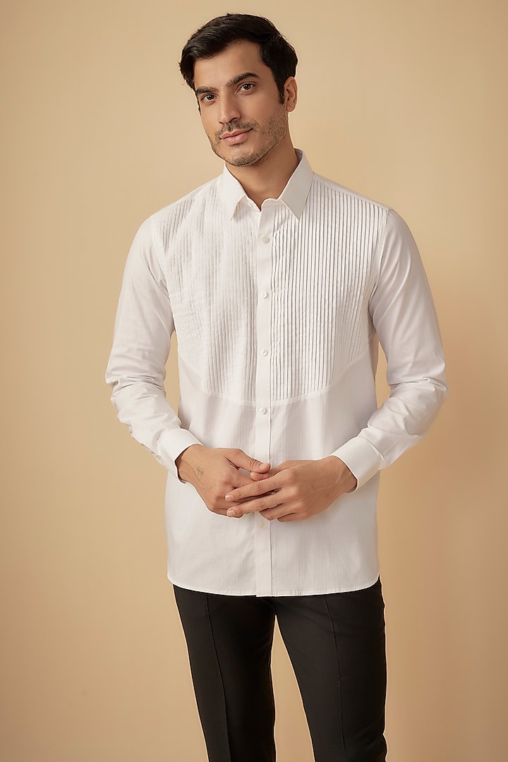 White Cotton Pleated Shirt by Agape Men