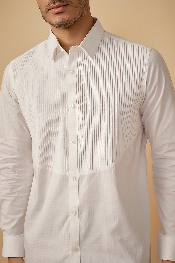 White Cotton Pleated Party Wear Shirt by Agape Men at Pernia's Pop Up Shop