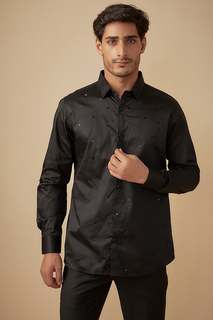 Black Cotton Satin Embroidered Shirt by Agape Men