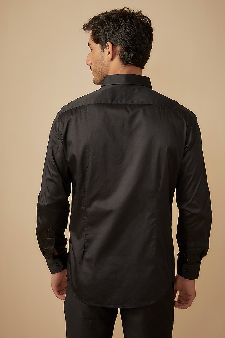 Black Cotton Satin Embroidered Party Wear Shirt by Agape Men at Pernia's Pop Up Shop