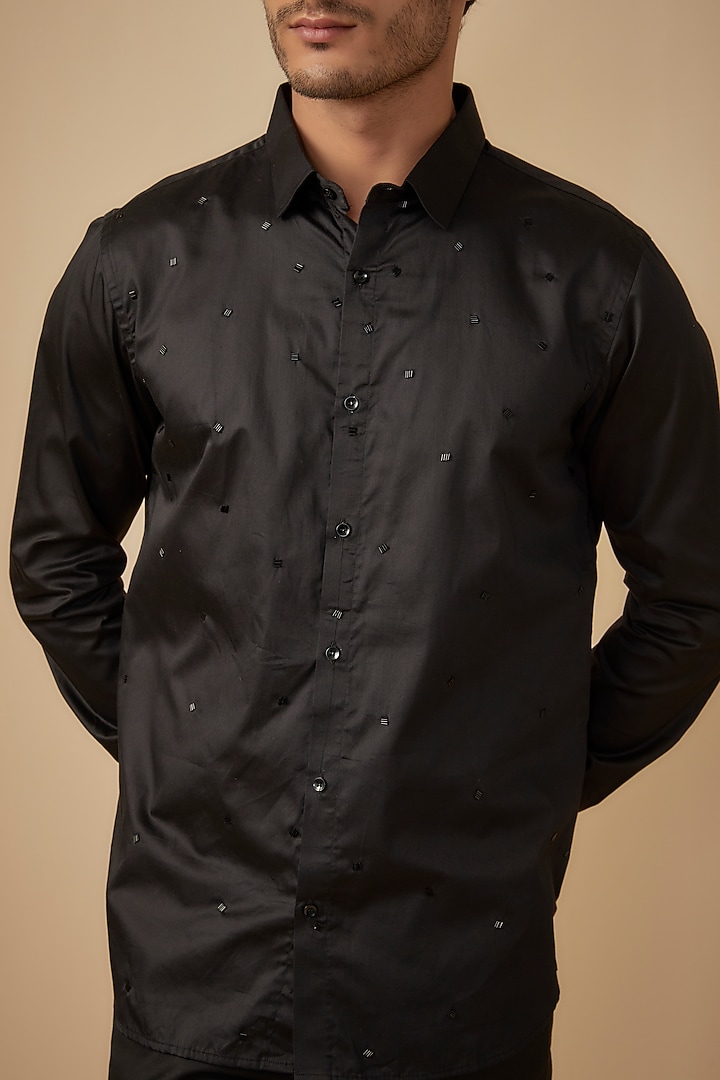 Black Cotton Satin Embroidered Party Wear Shirt by Agape Men at Pernia's Pop Up Shop