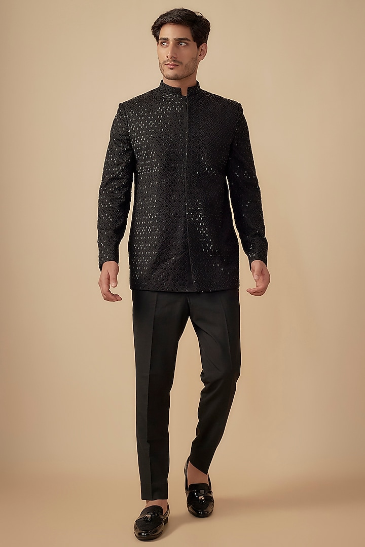 Black Suiting Embroidered Bandhgala Set by Agape Men at Pernia's Pop Up Shop