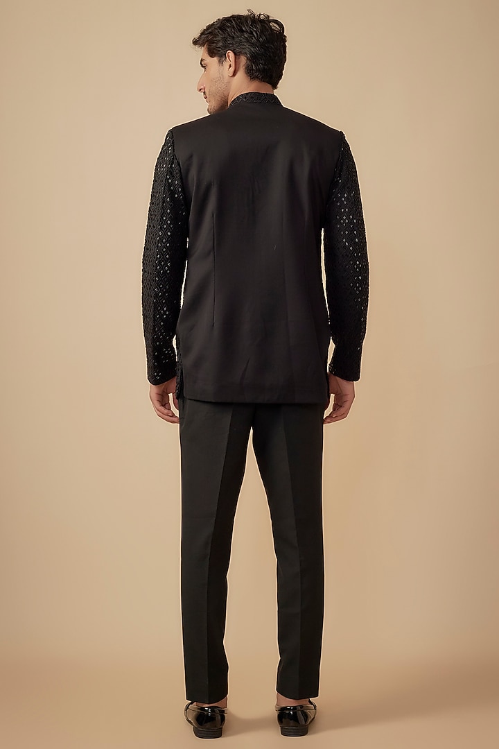 Black Suiting Embroidered Wedding Bandhgala Set by Agape Men at Pernia's Pop Up Shop