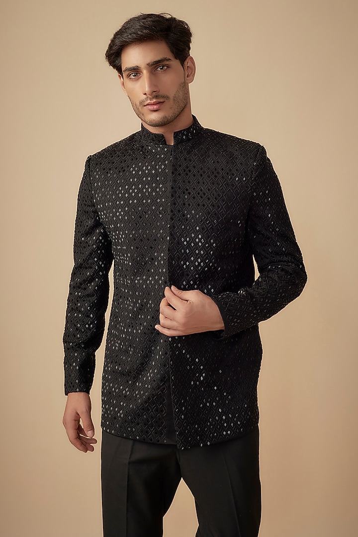 Black Suiting Embroidered Wedding Bandhgala Set by Agape Men at Pernia's Pop Up Shop
