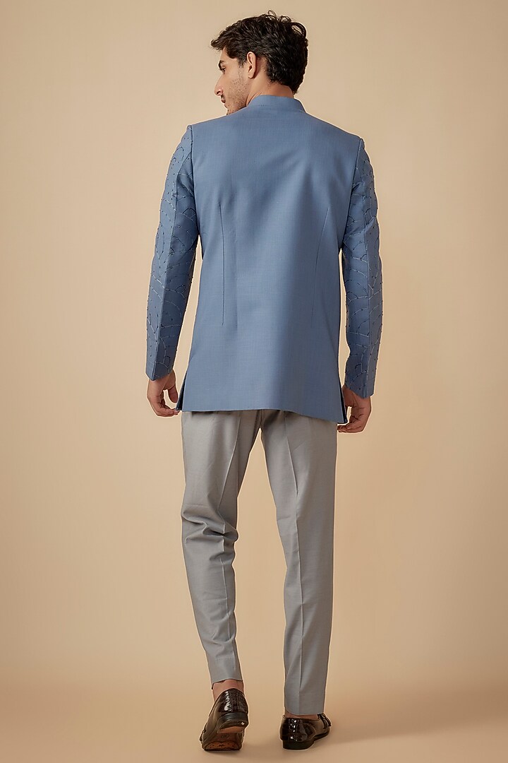 Blue Suiting Geometric Embroidered Wedding Bandhgala Set by Agape Men at Pernia's Pop Up Shop