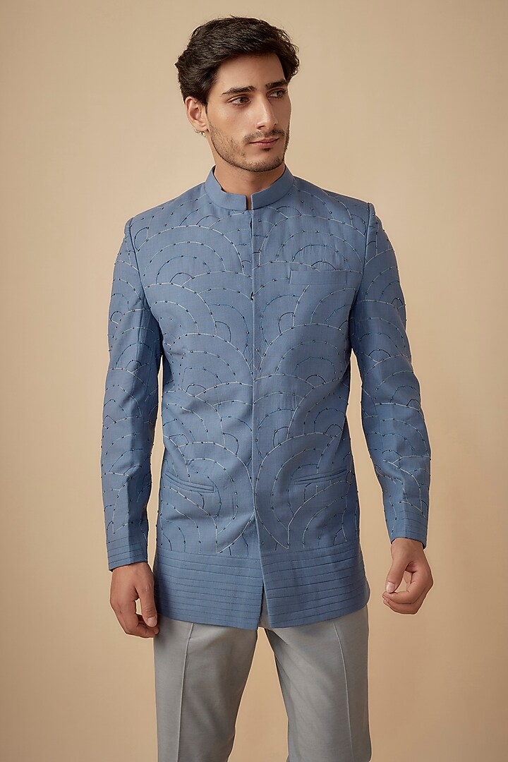 Blue Suiting Geometric Embroidered Wedding Bandhgala Set by Agape Men at Pernia's Pop Up Shop