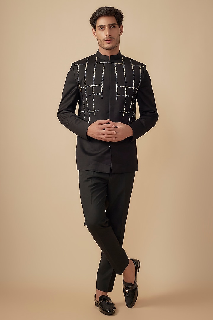 Blue Suiting Embroidered Bandhgala Set by Agape Men at Pernia's Pop Up Shop