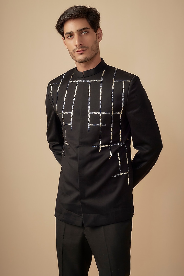 Blue Suiting Embroidered Wedding Bandhgala Set by Agape Men at Pernia's Pop Up Shop