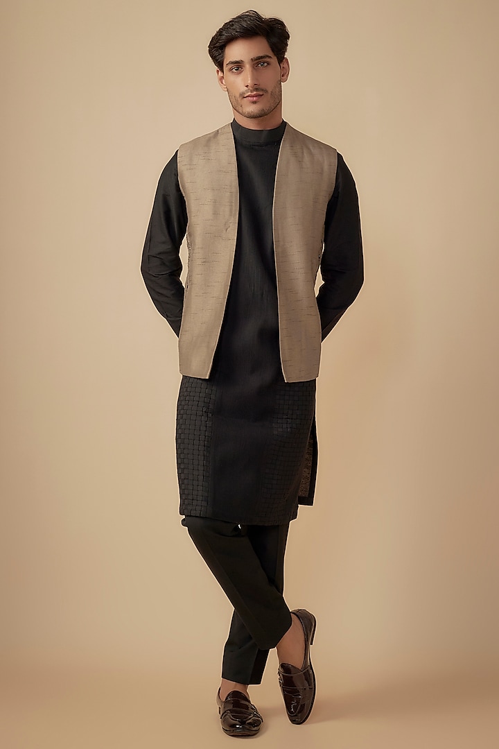 Light Brown Cotton Silk Embroidered Bundi Jacket Set by Agape Men at Pernia's Pop Up Shop