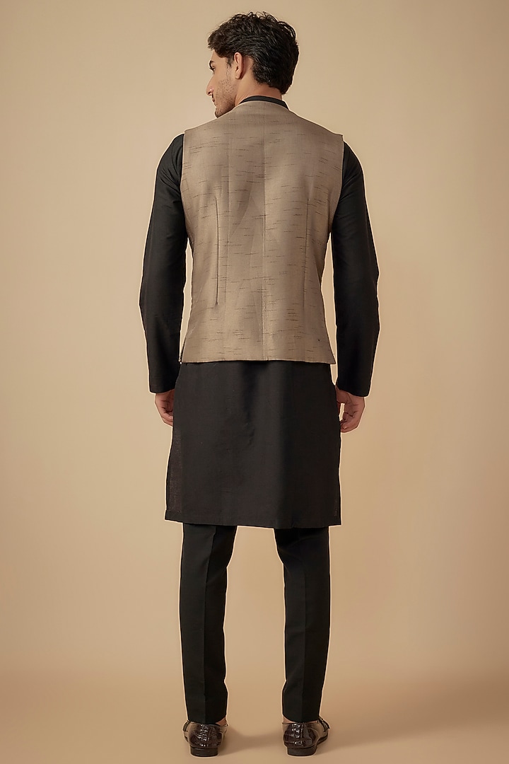 Light Brown Cotton Silk Embroidered Bundi Jacket Set by Agape Men at Pernia's Pop Up Shop