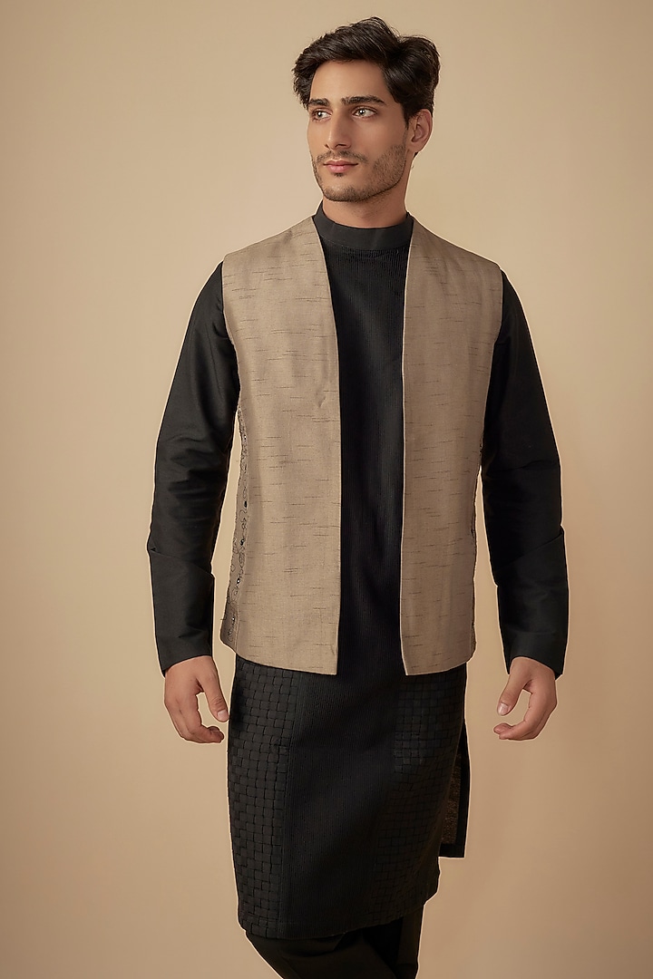 Light Brown Cotton Silk Embroidered Bundi Jacket Set by Agape Men at Pernia's Pop Up Shop