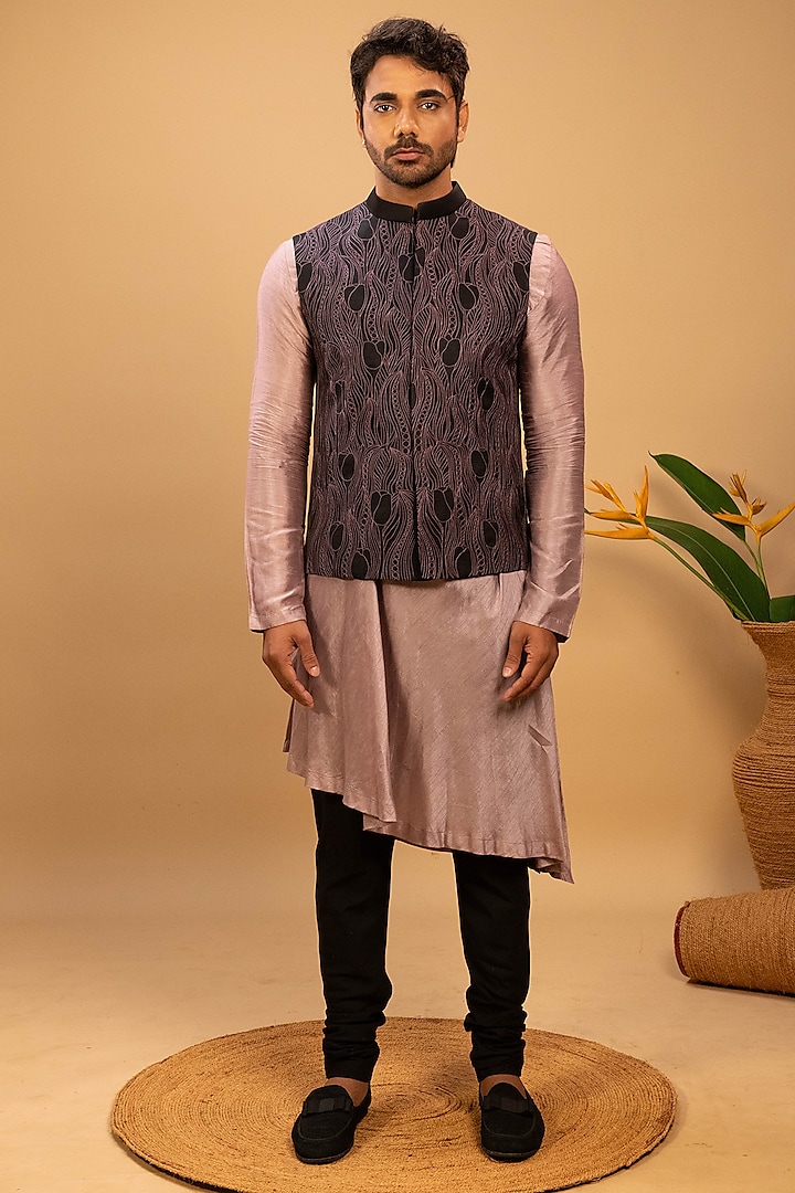Purple Silk Thread Embroidered Nehru Jacket Set by Agape Men