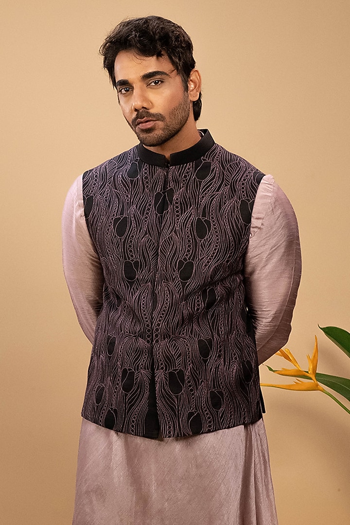 Purple Silk Thread Embroidered Nehru Jacket Set by Agape Men at Pernia's Pop Up Shop
