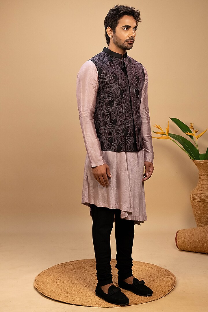 Purple Silk Thread Embroidered Nehru Jacket Set by Agape Men at Pernia's Pop Up Shop