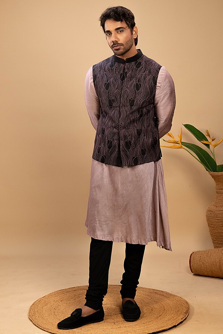 Purple Silk Thread Embroidered Nehru Jacket Set by Agape Men at Pernia's Pop Up Shop