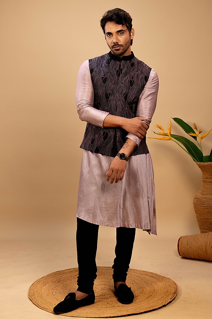 Purple Silk Thread Embroidered Nehru Jacket Set by Agape Men at Pernia's Pop Up Shop