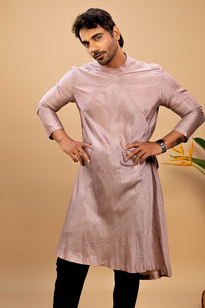 Lilac Silk Asymmetrical Kurta Set by Agape Men at Pernia's Pop Up Shop