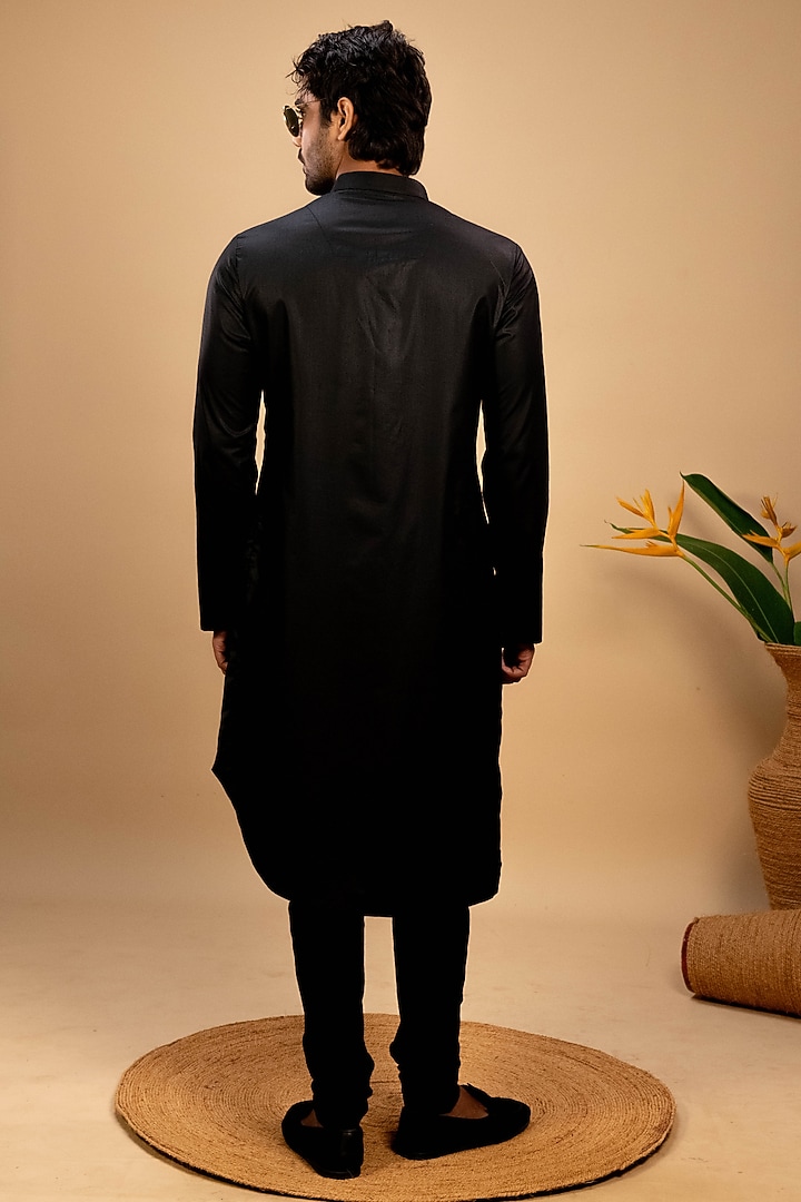 Black Silk Asymmetrical Kurta Set by Agape Men at Pernia's Pop Up Shop