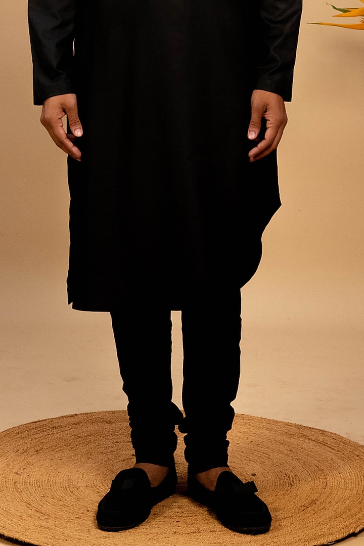Black Silk Asymmetrical Kurta Set by Agape Men at Pernia's Pop Up Shop
